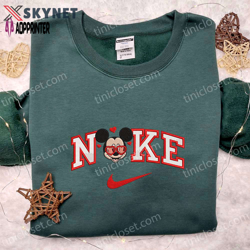 Nike x mickey heart glasses shirt & disney characters hoodie: best valentine’s day gift ideas Embroidered Shirt