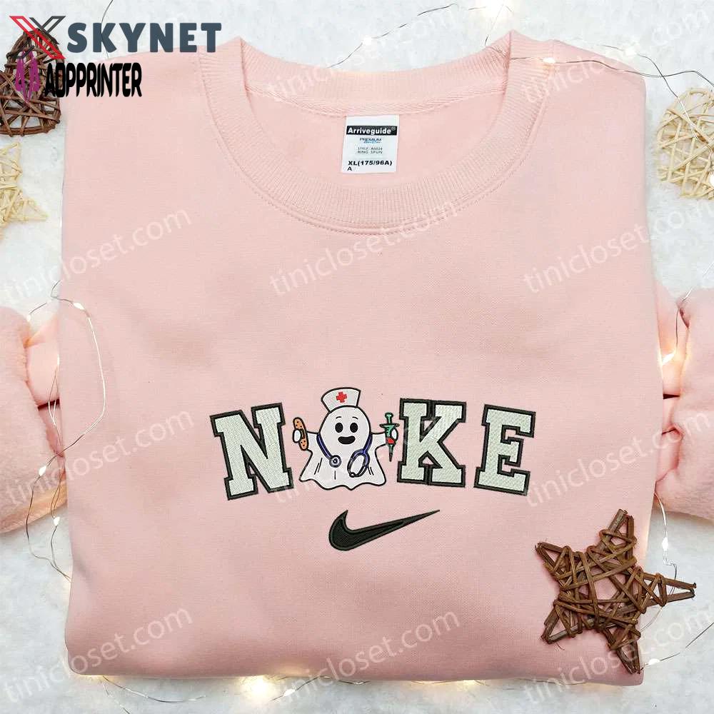 Nike x nurse ghost embroidered shirt: cute halloween gift for halloween lovers Embroidered Shirt