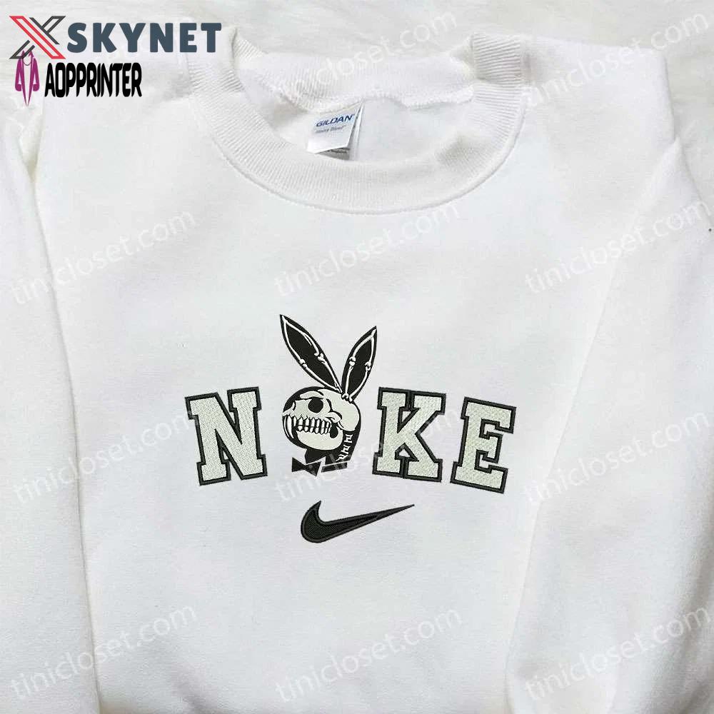 Nike x playboy bunny skeleton shirt: funny halloween embroidery & nike-inspired style Embroidered Shirt