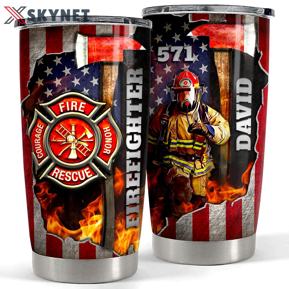 Personalized firefighter tumbler american flag metallic style Personalized Tumbler