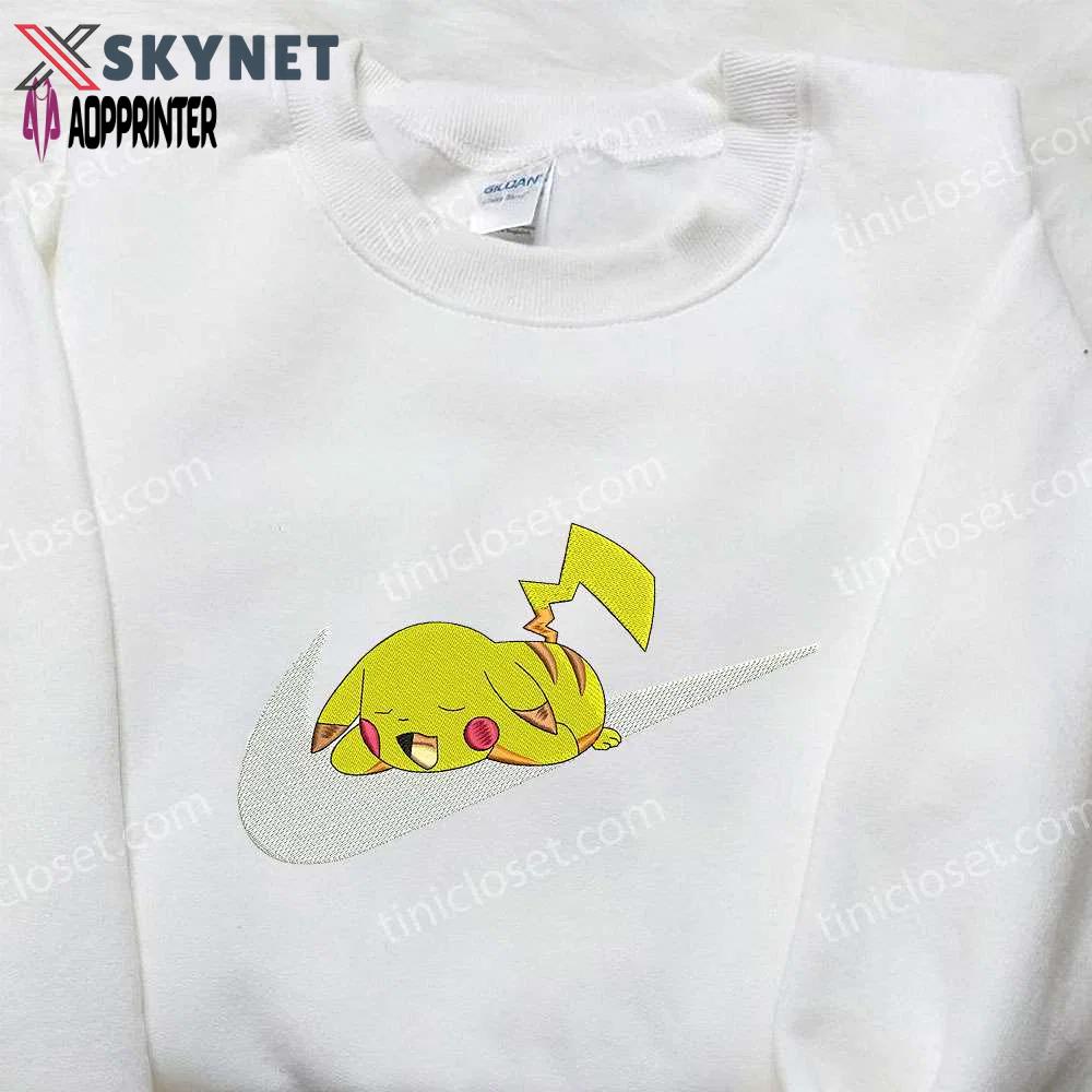 Pikachu sleep x nike swoosh sweatshirt: pokemon & nike inspired embroidered shirt Embroidered Shirt