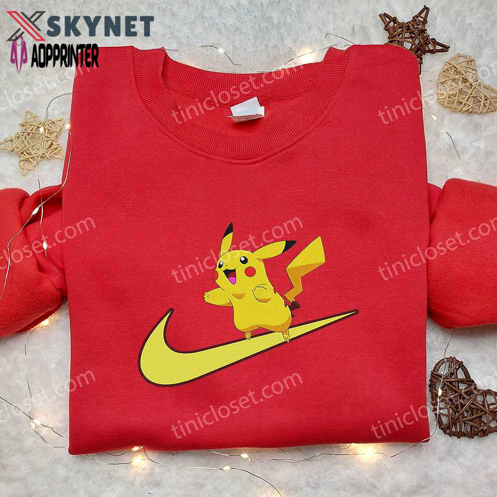 Pikachu x nike swoosh anime hoodie & embroidered shirts – pokemon & nike inspired apparel Embroidered Shirt