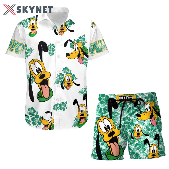 Pluto dog hibiscus summer tropical print disney hawaiian button down shirt shorts set unisex outfits Hawaii Shirt Shorts & Flip Flops