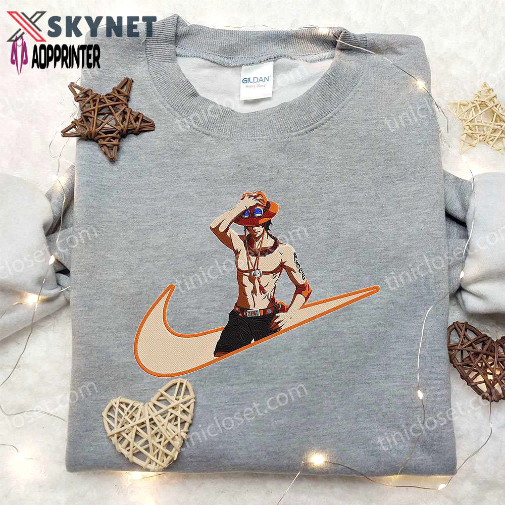 Portgas d ace x nike anime hoodie – embroidered one piece & nike inspired shirt Embroidered Shirt