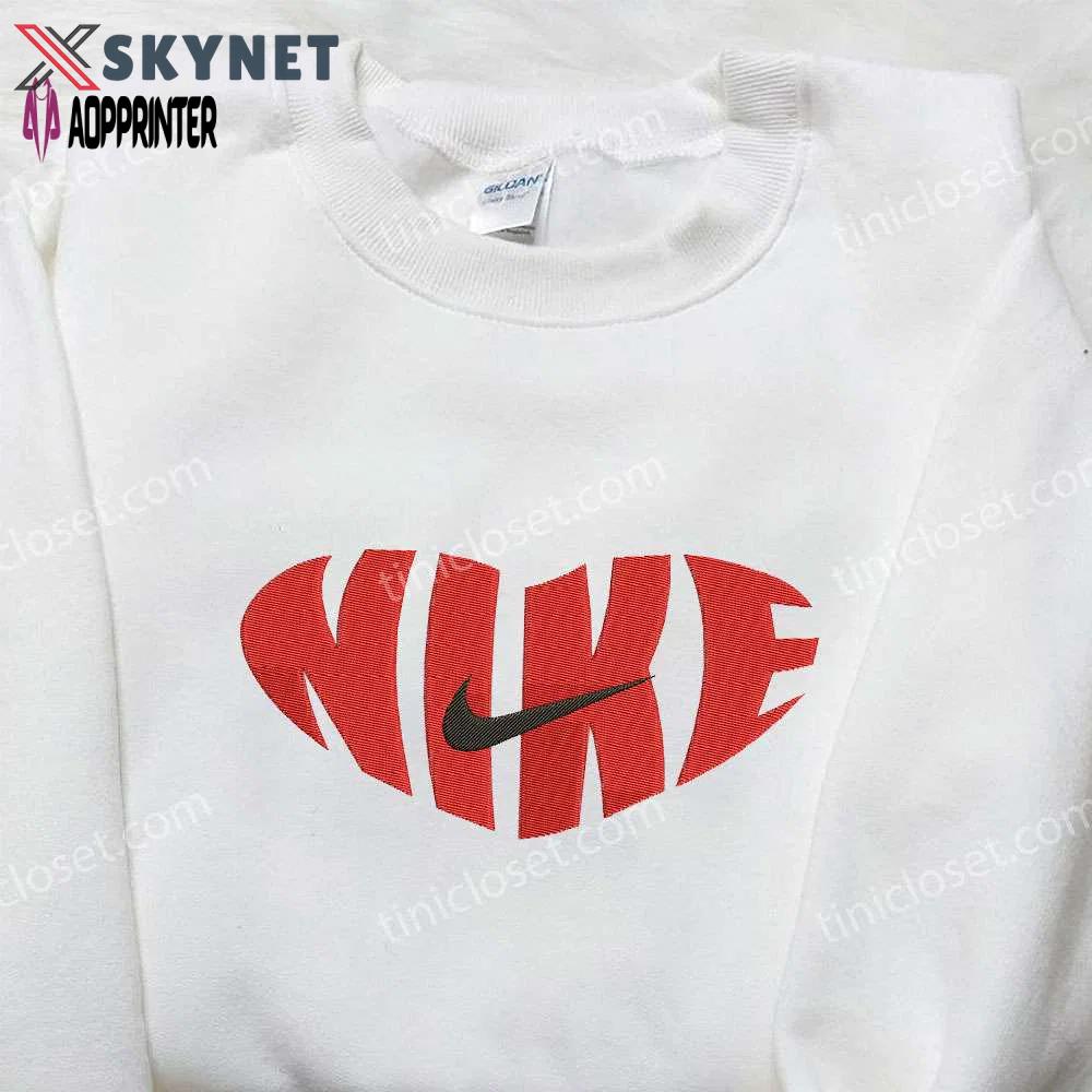 Red heart love x nike swoosh embroidered shirt – nike inspired logo shirt perfect valentine’s day gift Embroidered Shirt