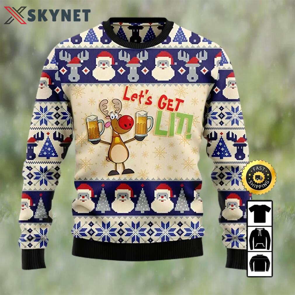 Reindeer let?s get lit beer ugly christmas sweater, faux wool sweater, international beer day, gifts for beer lovers, best christmas gifts for 2022, santa claus Christmas Ugly Sweater
