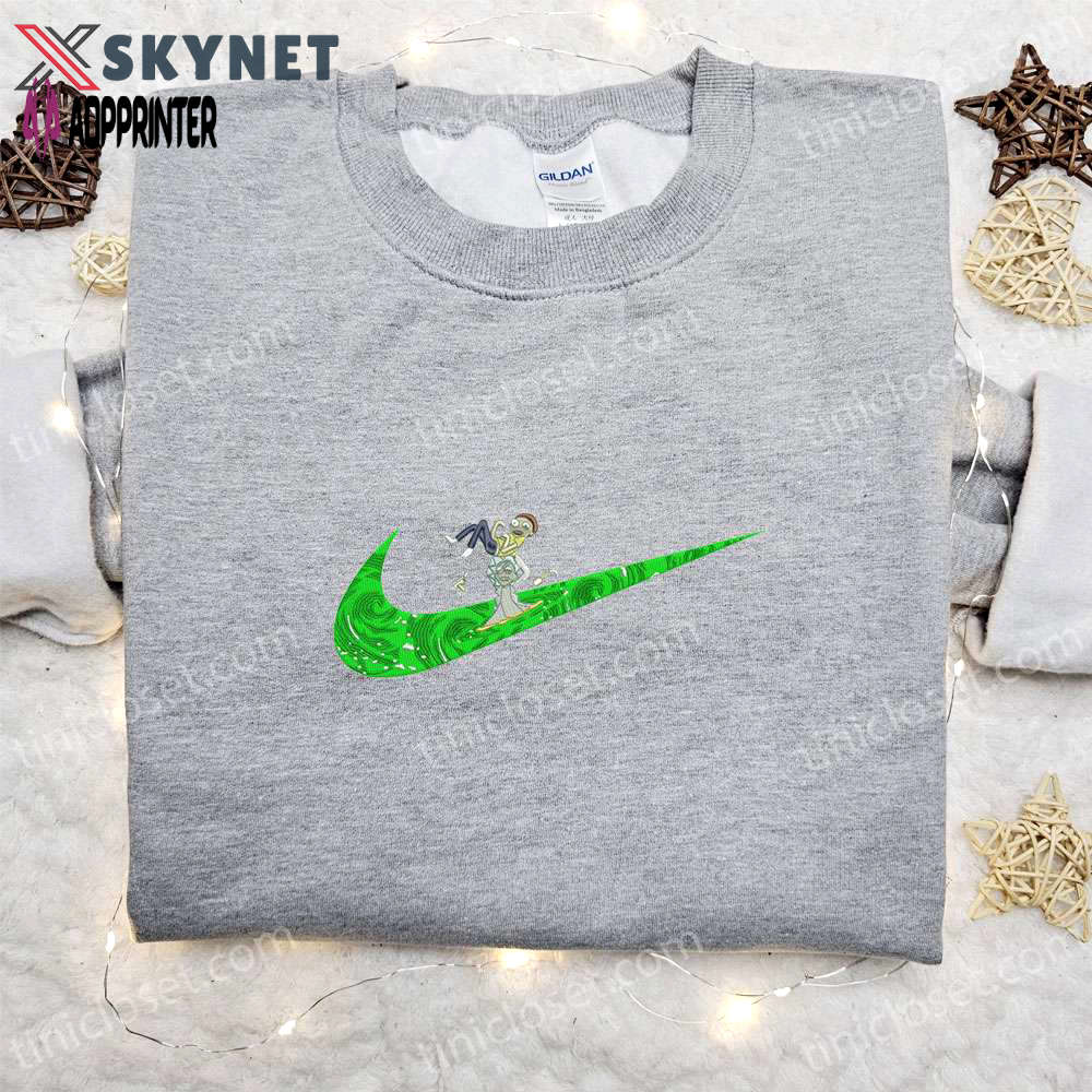 Rick and morty x swoosh cartoon embroidered shirt – nike inspired sweatshirt & custom hoodie Embroidered Shirt