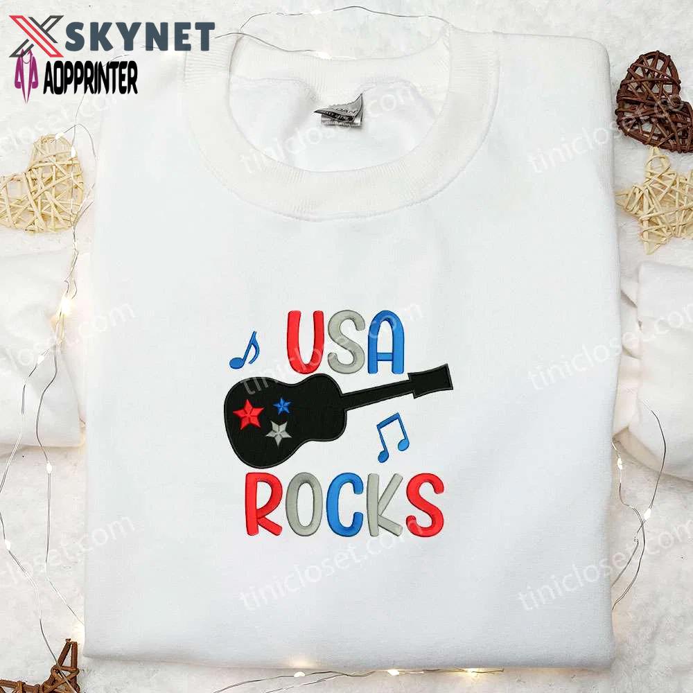 Rock the fourth with usa guitar embroidered shirt – best patriotic national day gift Embroidered Shirt