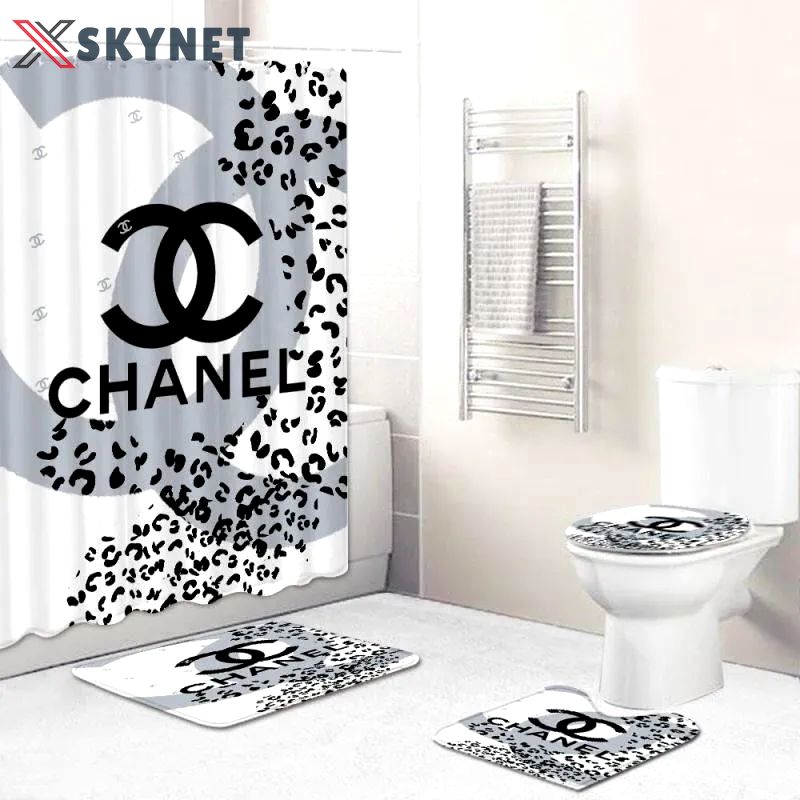 Rugs in living room and bedroom - Chanel leopard bathroom set hot 2023 luxury shower curtain bath rug mat home decor 262 Bathroom Accessory Sets