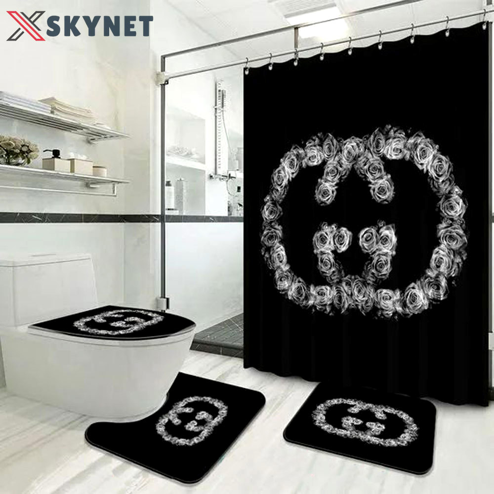 Rugs in living room and bedroom - Gucci black flower bathroom set hot 2023 luxury shower curtain bath rug mat home decor 209 Bathroom Accessory Sets
