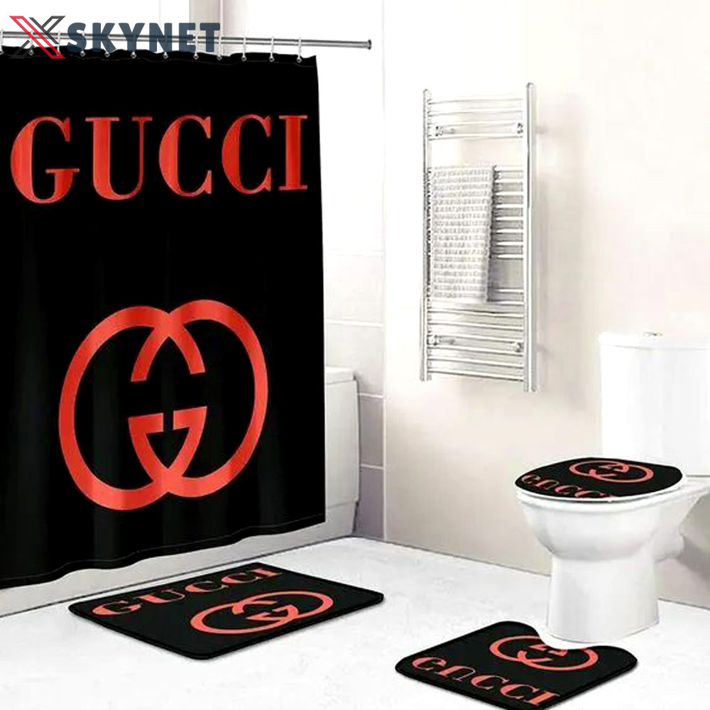 Rugs in living room and bedroom - Gucci black red bathroom set hot 2023 luxury shower curtain bath rug mat home decor 237 Bathroom Accessory Sets