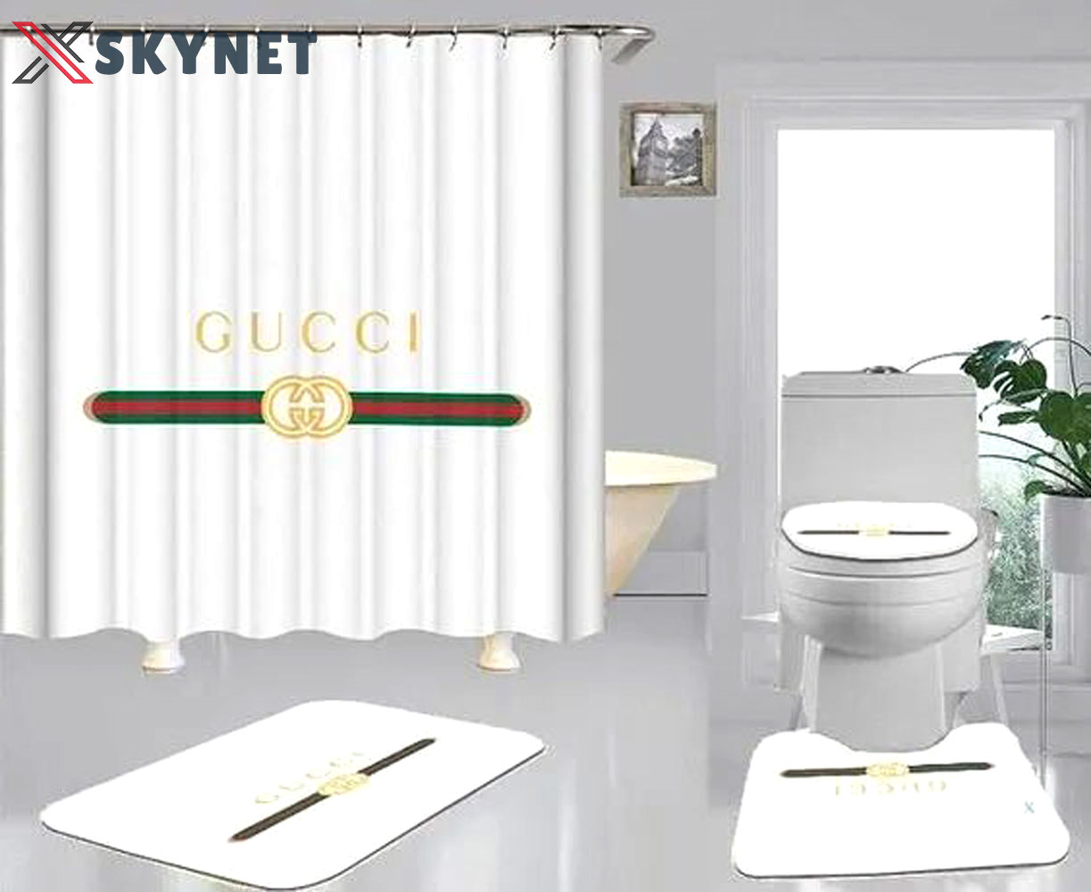 Rugs in living room and bedroom - Gucci white bathroom set hot 2023 luxury shower curtain bath rug mat home decor 222 Bathroom Accessory Sets