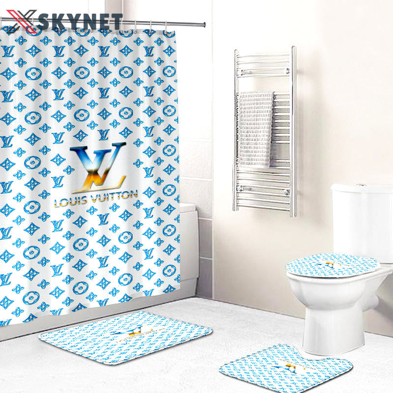 Rugs in living room and bedroom - Louis vuitton lv blue bathroom set hot 2023 luxury shower curtain bath rug mat home decor 126 Bathroom Accessory Sets