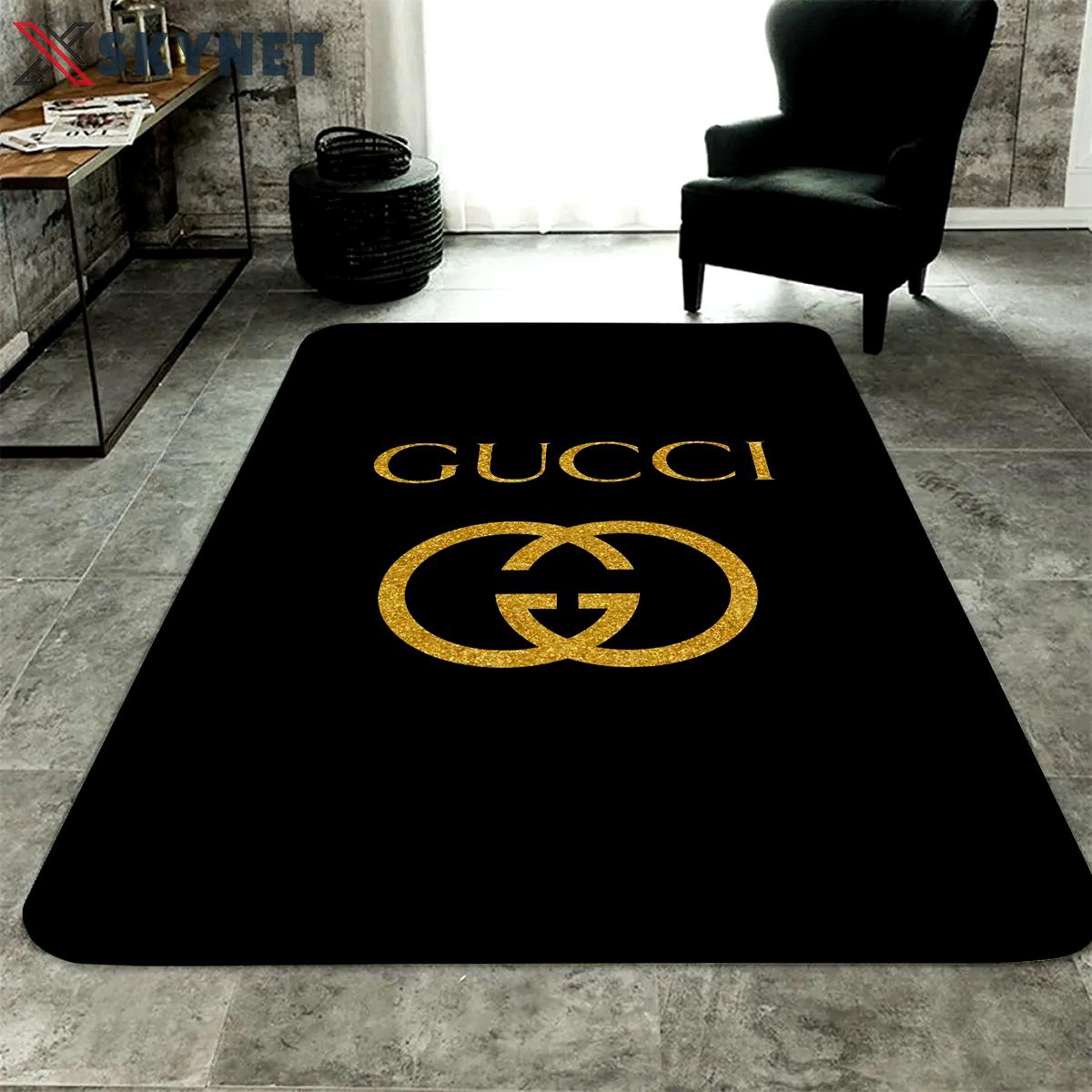 Rugs in living room and bedroom gucci black golden logo luxury fashion luxury brand premium rug carpet home decor Rectangle Rug