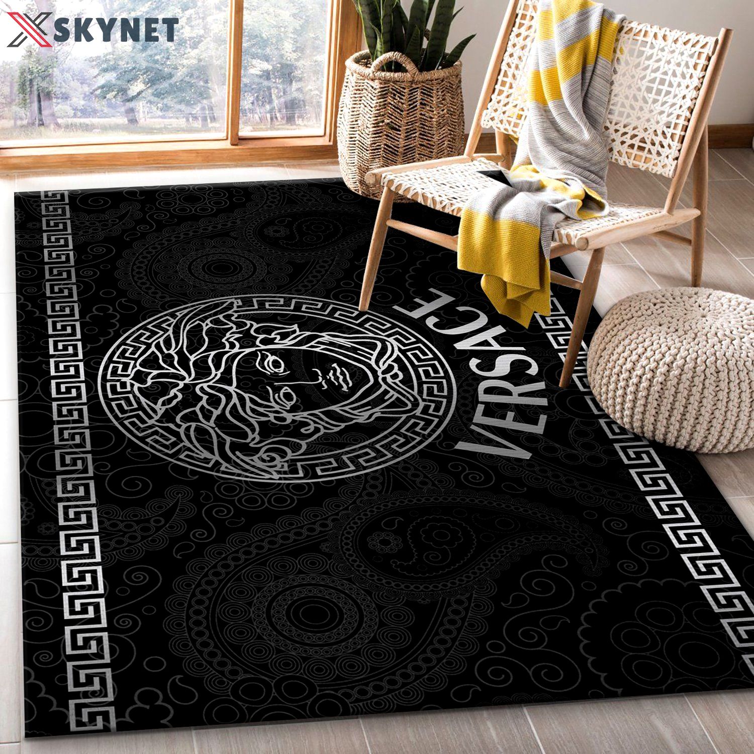 Rugs in living room and bedroom versace logo silver fashion brand living room rug christmas gift us decor Rectangle Rug