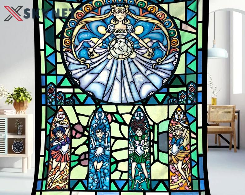 Sailor moon fleece blanket, sailor moon stained glass throw blanket for couch sofa, anime fan gifts, christmas gifts Quilt Blanket