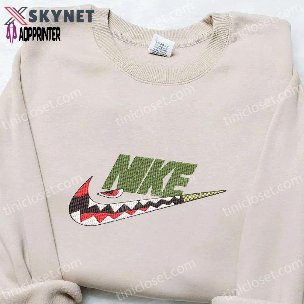 Shark bathing ape x swoosh embroidered hoodie – nike inspired custom sweatshirt Embroidered Shirt