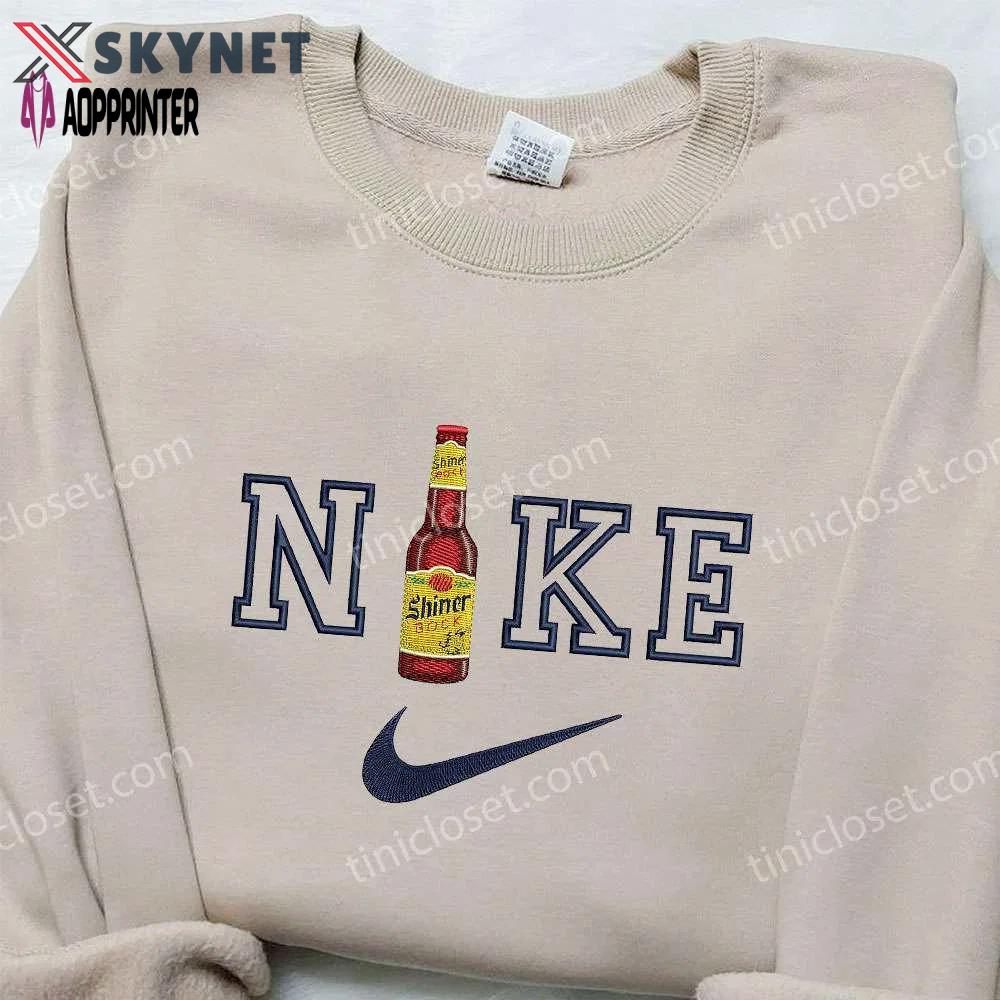 Shiner beer x nike embroidered sweatshirt: favorite drink shirt with nike inspiration Embroidered Shirt
