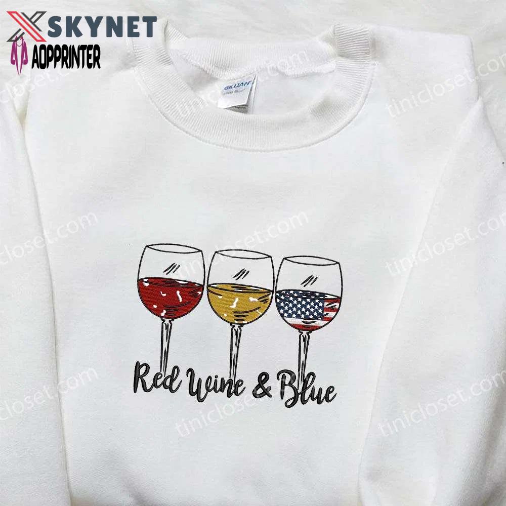 Show your patriotic spirit with america red white and blue wine glass embroidered shirt – perfect national day gift! Embroidered Shirt