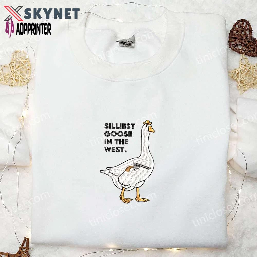 Silliest goose in the west with gun embroidered shirt – funny animal shirt Embroidered Shirt