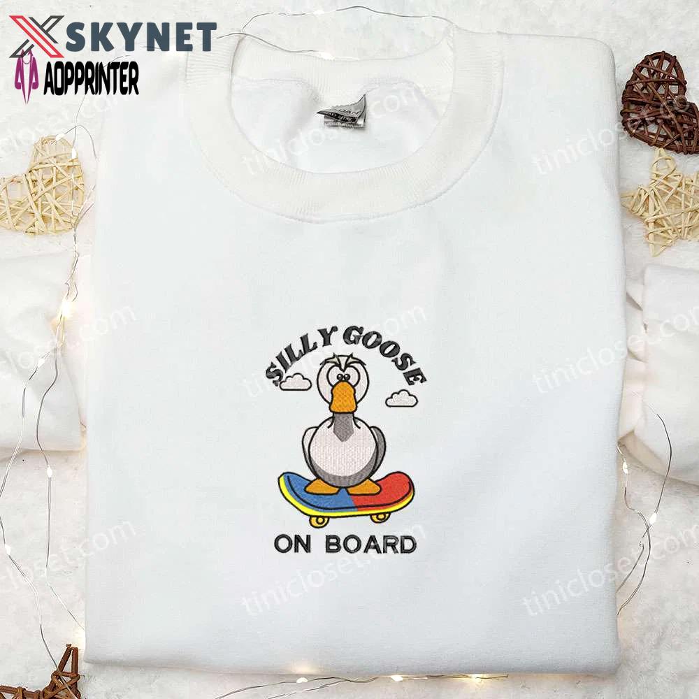 Silly goose on board embroidered shirt – animal & cute embroidered tee Embroidered Shirt