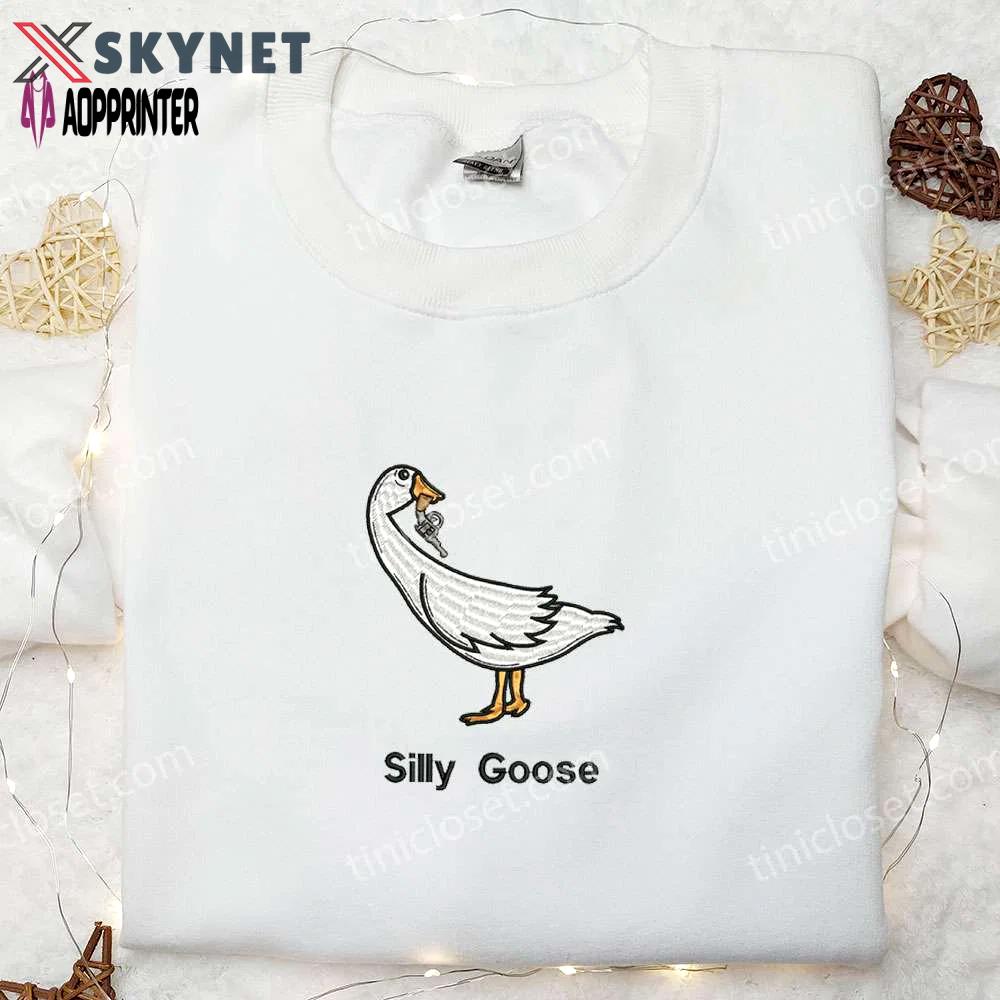 Silly goose with gun embroidered shirt: funny animal embroidery for a hilarious look! Embroidered Shirt