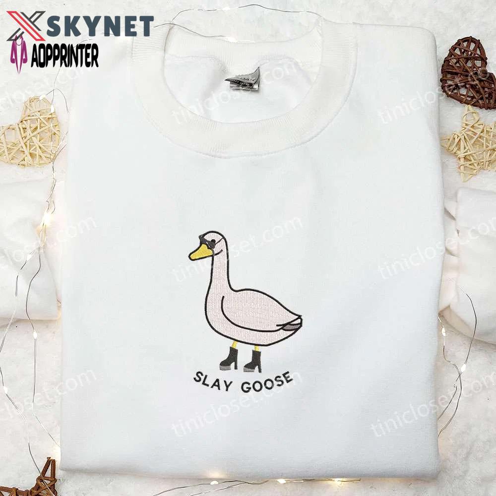 Slay goose funny embroidered shirt – animal-themed unique design Embroidered Shirt
