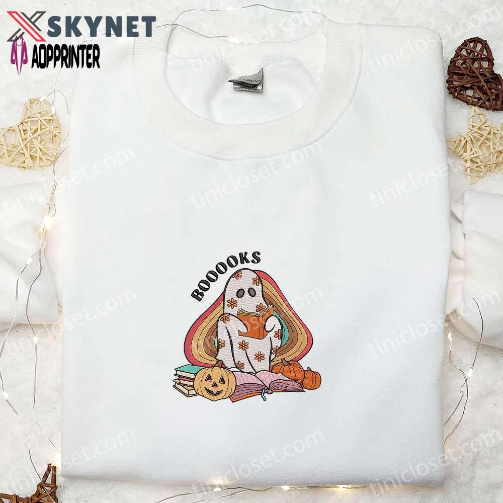 Spooky boo ghost reading booooks embroidered shirt – perfect halloween gift idea Embroidered Shirt