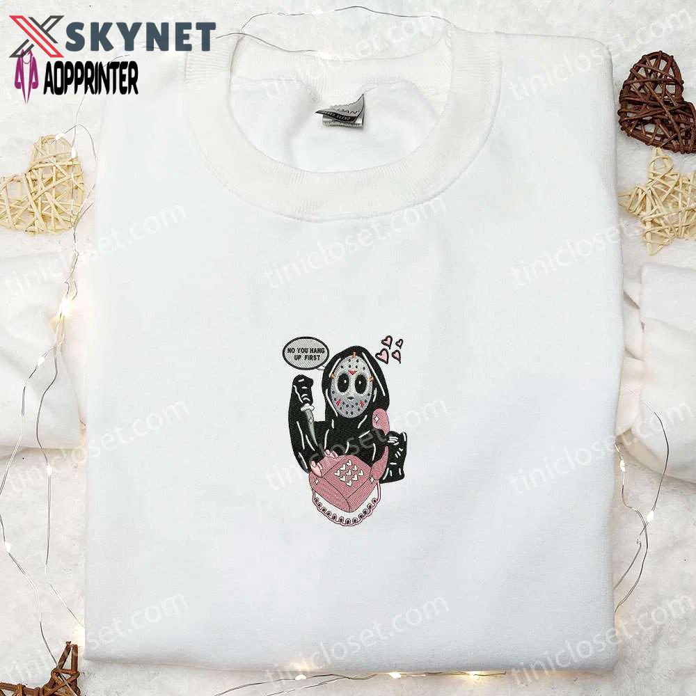 Spooky halloween embroidered shirt hoodie & t-shirt: no you hang up first jason – funny & stylish! Embroidered Shirt