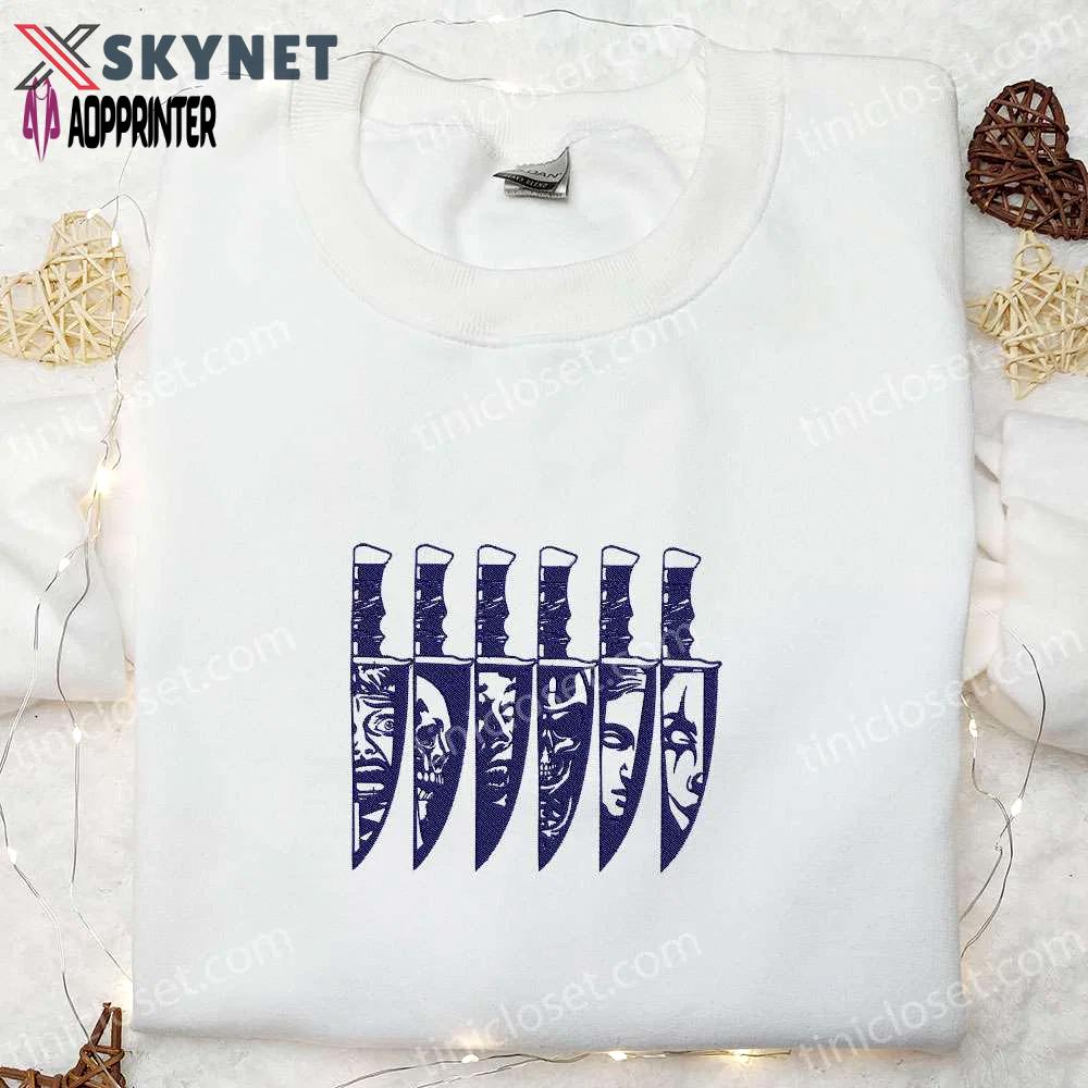 Spooky horror characters halloween knife embroidered shirt – scary & best halloween gifts for family Embroidered Shirt
