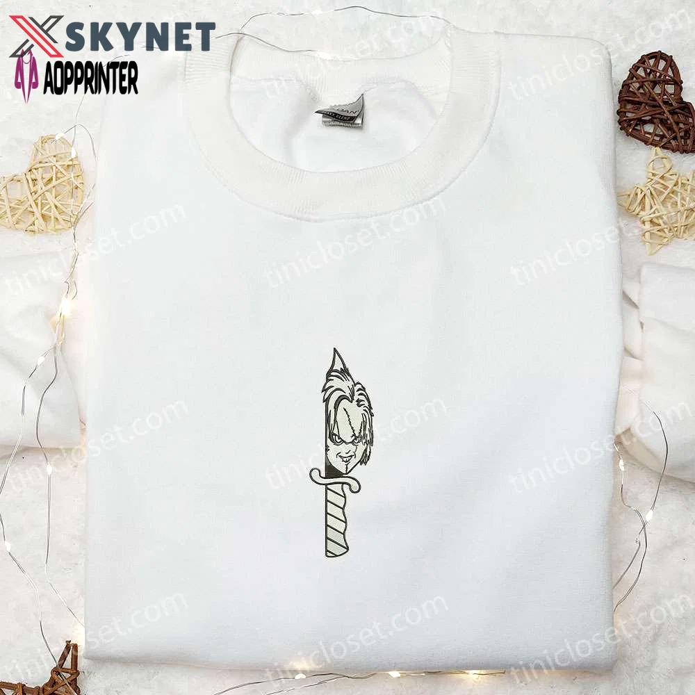 Spooky knife chucky hoodie: horror characters sweatshirt – perfect halloween gifts! Embroidered Shirt