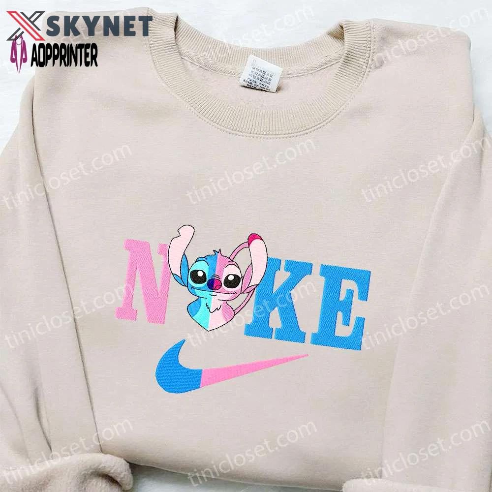 Stitch angel couple love x nike cartoon embroidered shirt – lilo and stitch nike inspired design Embroidered Shirt