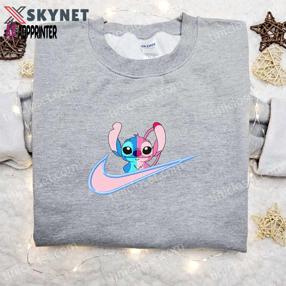 Stitch angel couple love x nike swoosh cartoon embroidered shirt – perfect lilo and stitch gift for family Embroidered Shirt