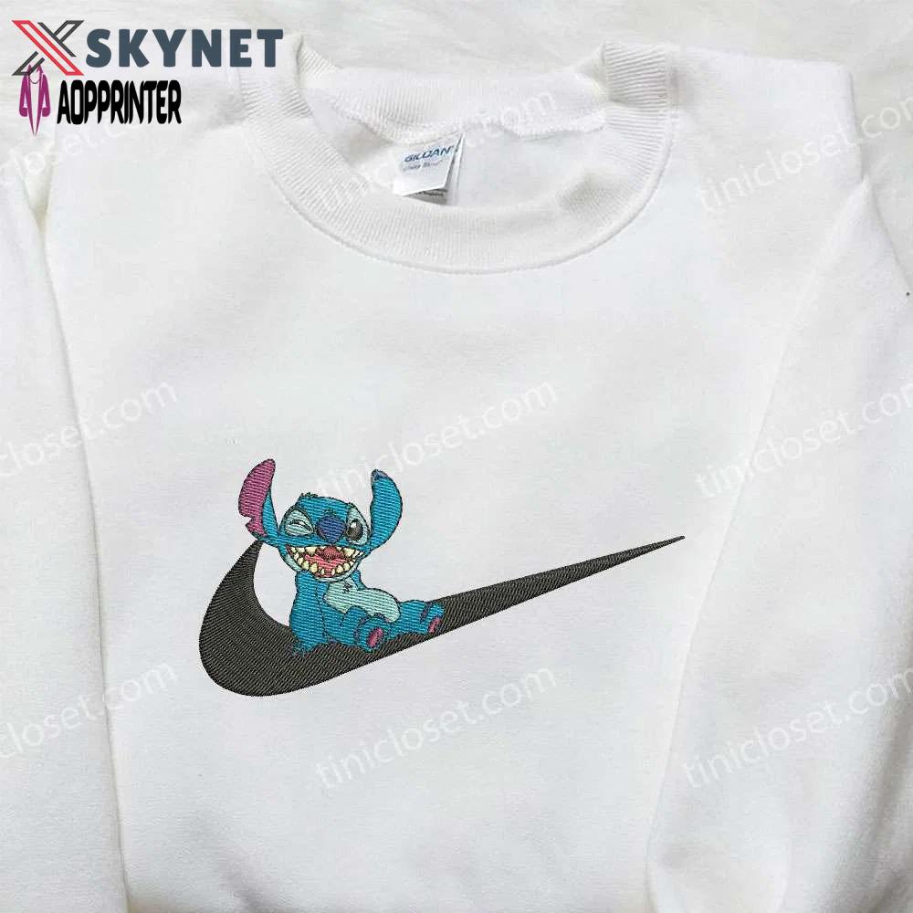 Stitch laughing x nike swoosh sweatshirt lilo and stitch cartoon embroidered shirt nike inspired Embroidered Shirt