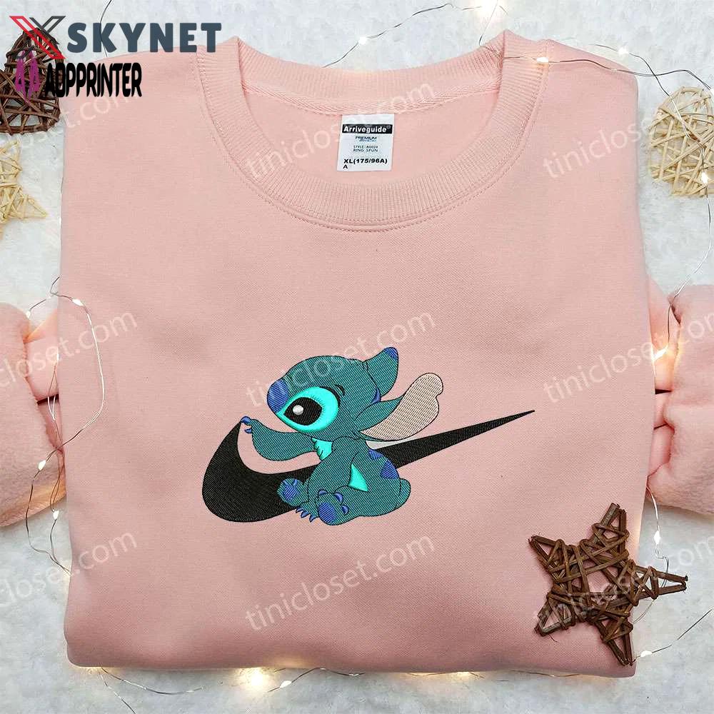Stitch x nike swoosh sweatshirt: lilo and stitch cartoon embroidered shirt nike inspired Embroidered Shirt