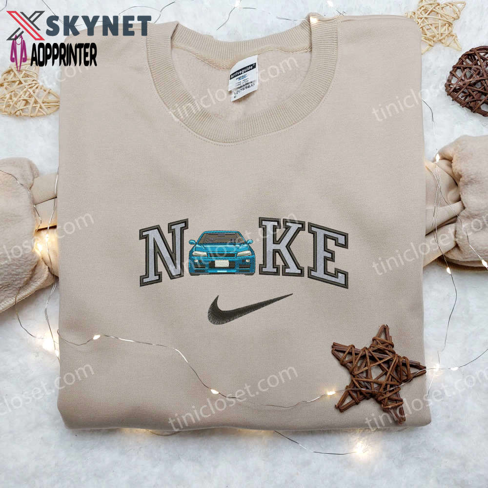 Stylish blue car x nike embroidered shirt – custom stransportation design Embroidered Shirt