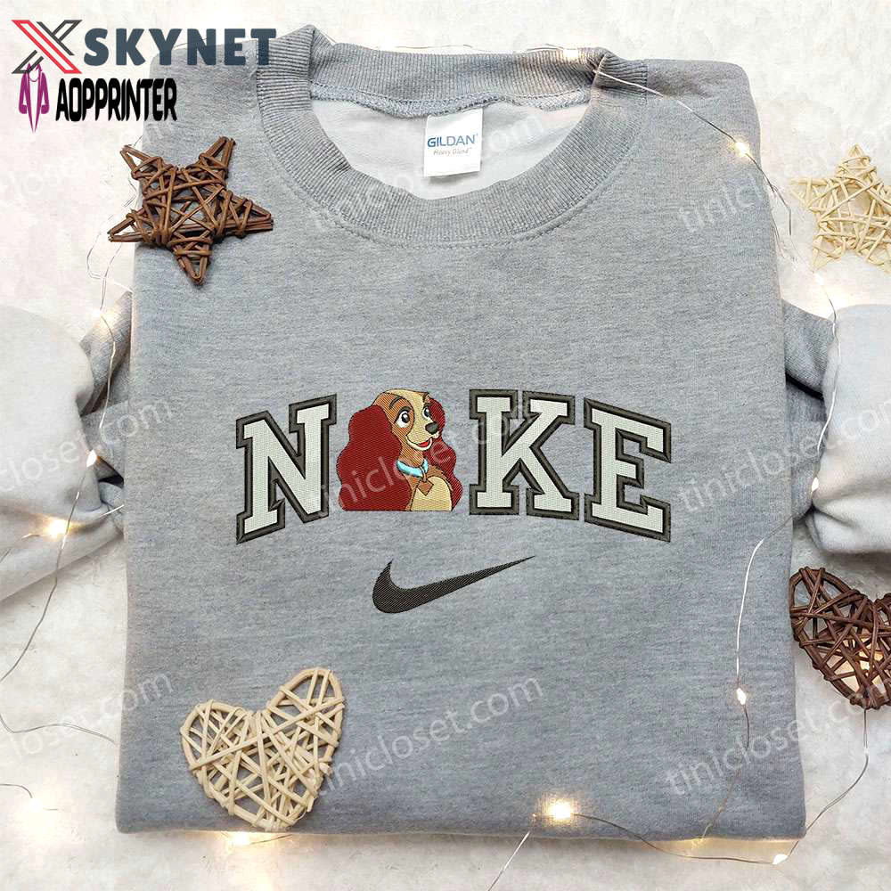 Stylish lady x nike embroidered shirt – lady and the tramp design – customizable nike shirt Embroidered Shirt