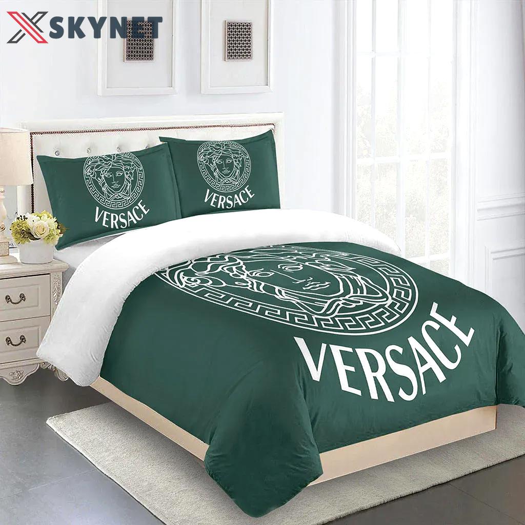 Teal versace logo luxury brand high end premium bedding set for bedroom luxury bedspread duvet cover set with pillowcases home decoration Bedding Sets