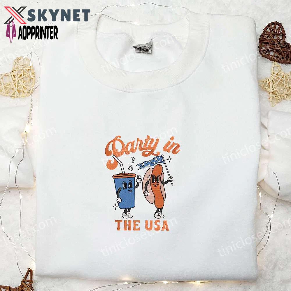 Usa food party embroidered shirt: funny hot dog lover gift for 4th of july & national day Embroidered Shirt