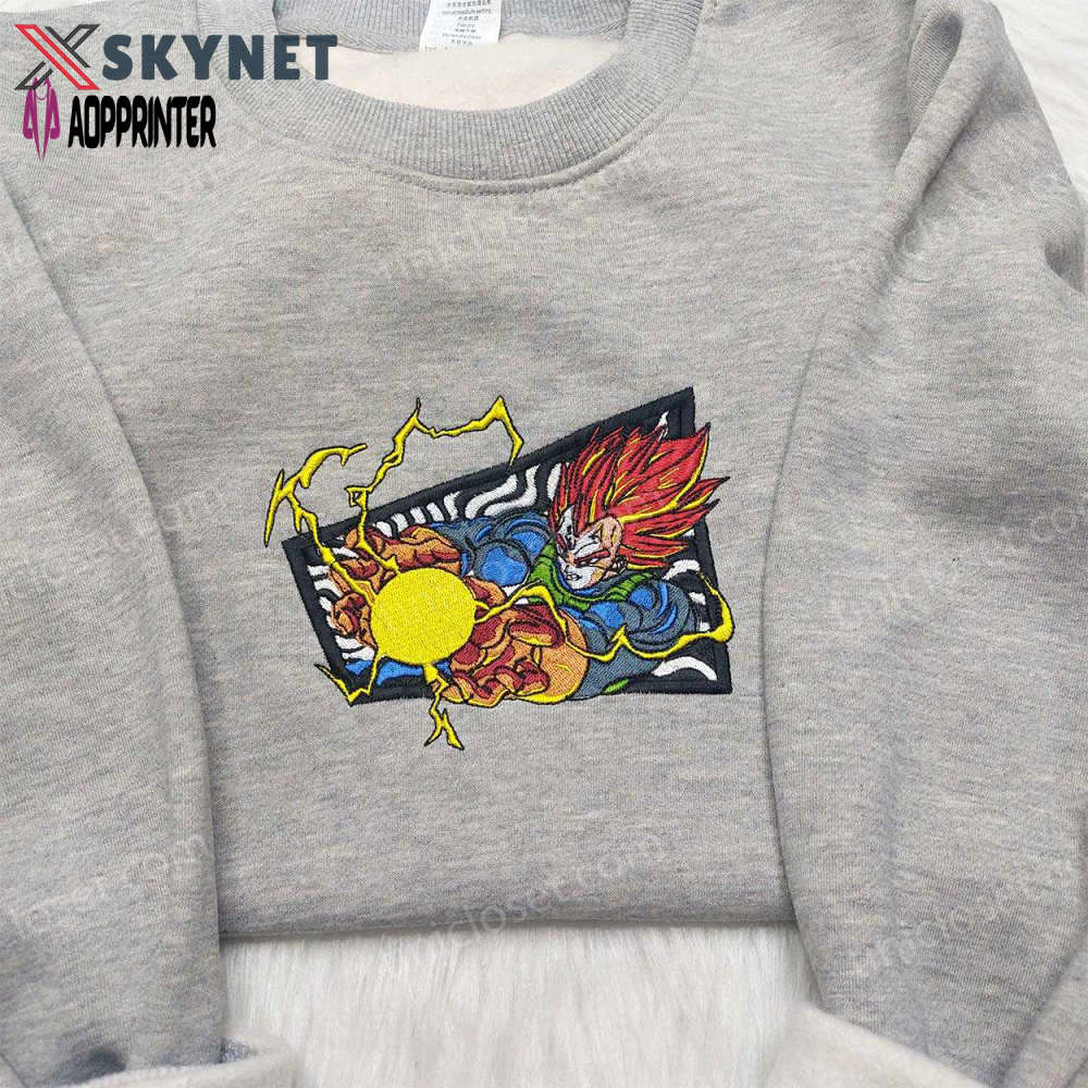 Vegeta super saiyan blue shirt: dragon ball embroidered sweatshirt – anime inspired attire Embroidered Shirt