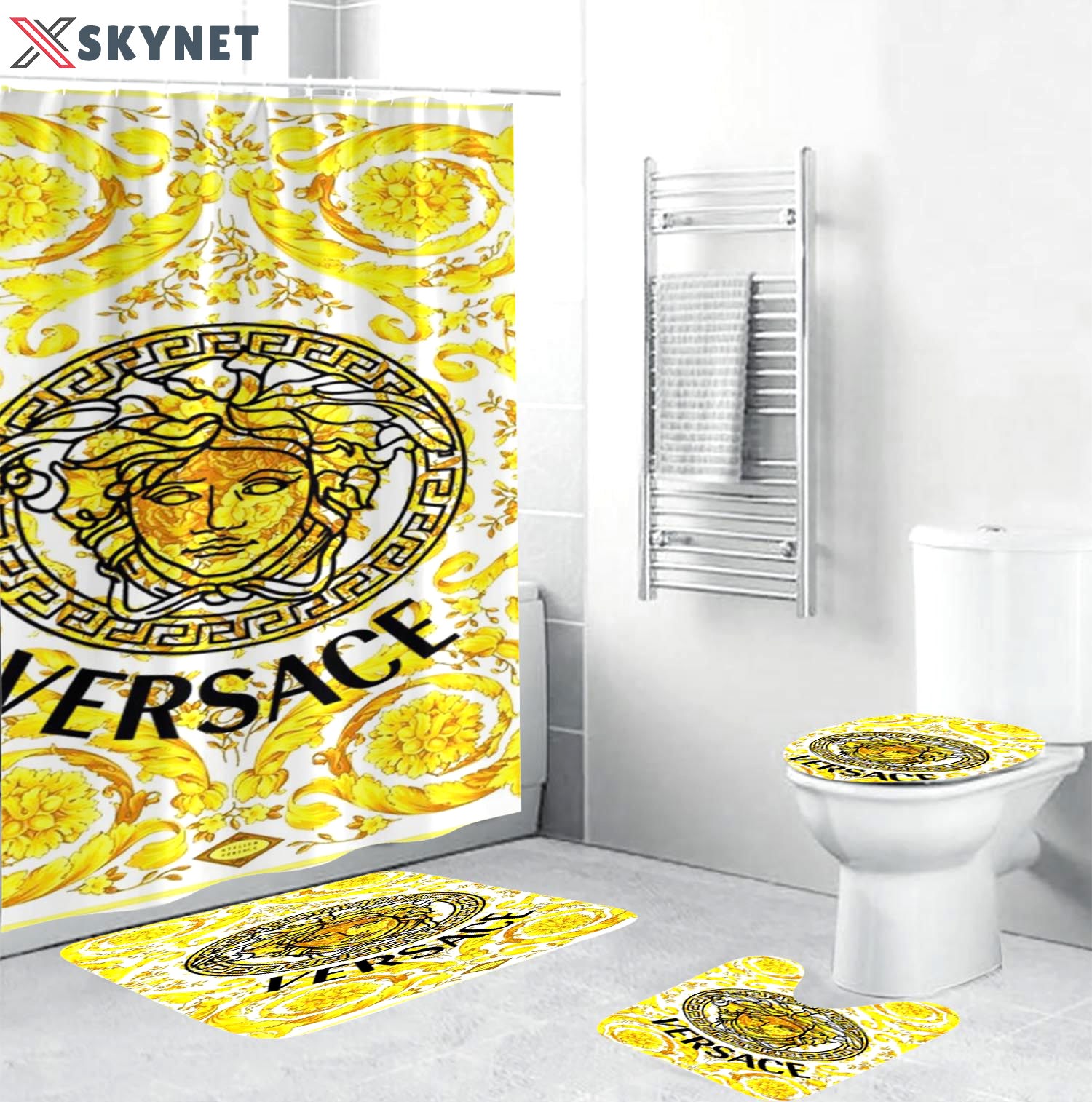 Versace big medusa in baroque background luxury fashion brand hypebeast bath mat home decor bathroom sets Bathroom Set