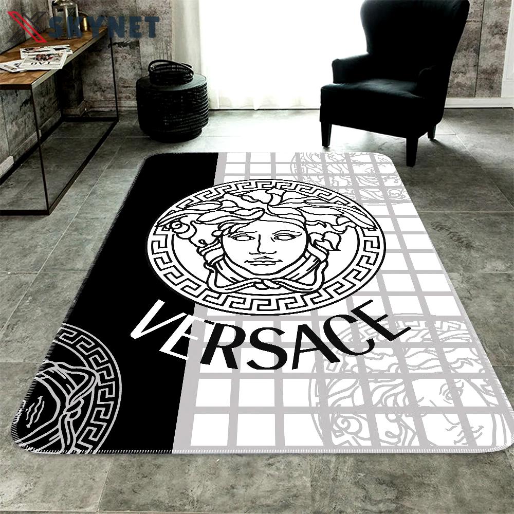 Versace black white logo type 606. Upgrade Your Living Room with Luxury Home Decor: Area Carpets, Floor Decor, Door Mats, and Hot Gift Items with style a High-End Fashion Brand Rectangle Rug