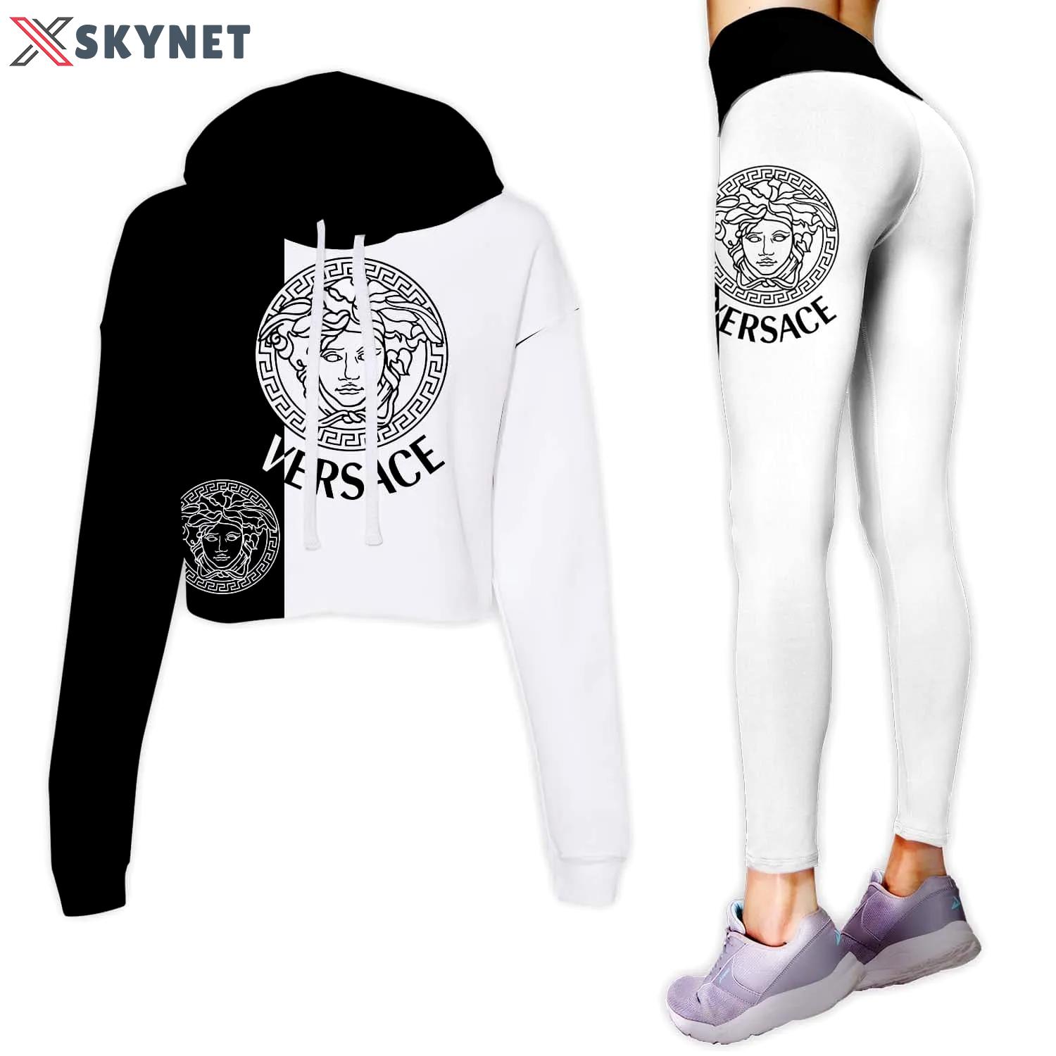 Versace black white luxury brand clothes leggings and crop top set for women Croptop Hoodie Legging Set