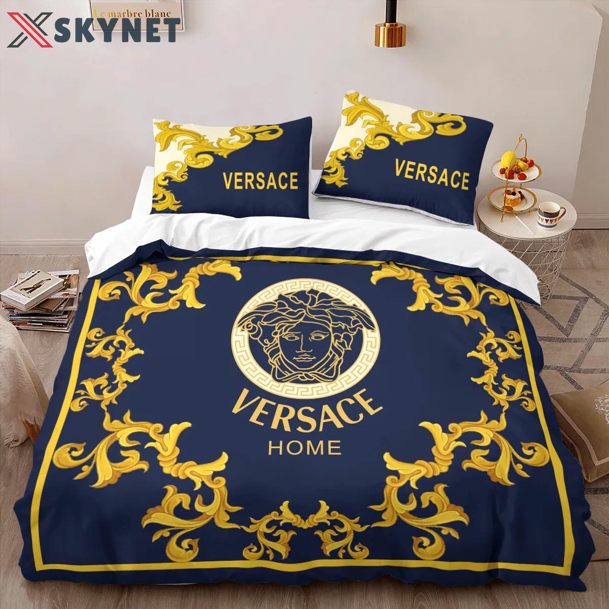 Versace blue limited edition luxury brand high-end bedding sets, bedroom decor , thanksgiving decorations for home best luxury bed sets gift thankgivings and christmas Bedding Sets