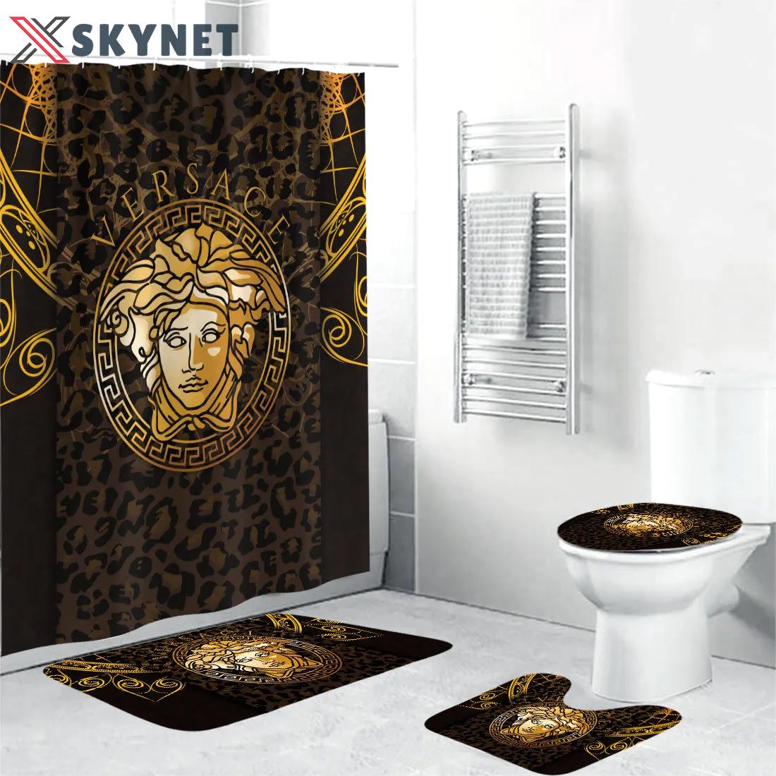 Versace brown medusa fashion luxury brand premium bathroom set & shower curtain home decor 3 Bathroom Accessory Sets