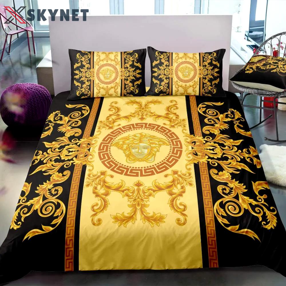 Versace gold luxury brand bedding sets bedspread duvet cover set, bedroom decor , thanksgiving decorations for home best luxury bed sets gift thankgivings and christmas Bedding Sets
