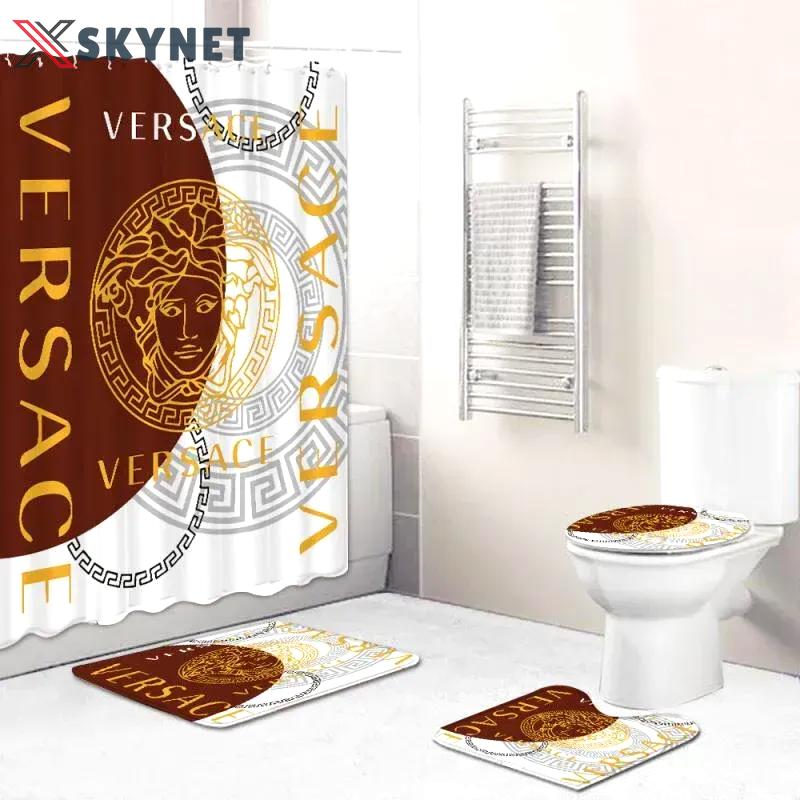Versace logo type 1572 Bathroom Accessory Sets Home Decor Waterproof Shower Curtain Bathroom Sets Pedestal Rug Bath Mat Set Luxury Fashion Brand Toilet Cover Hypebeast Bathroom