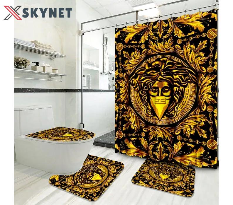 Versace logo type 847 Bathroom Accessory Sets Bathroom Sets Waterproof Shower Curtain Home Decor Hypebeast Bathroom Luxury Fashion Brand Bath Mat Set Toilet Cover Pedestal Rug