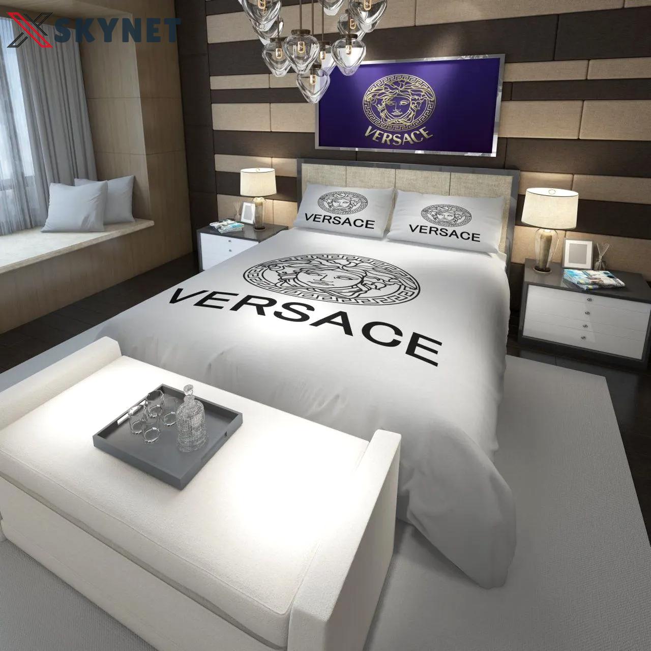 Versace white and black logo luxury brand high-end bedding sets, bedroom decor , thanksgiving decorations for home Bedding Sets
