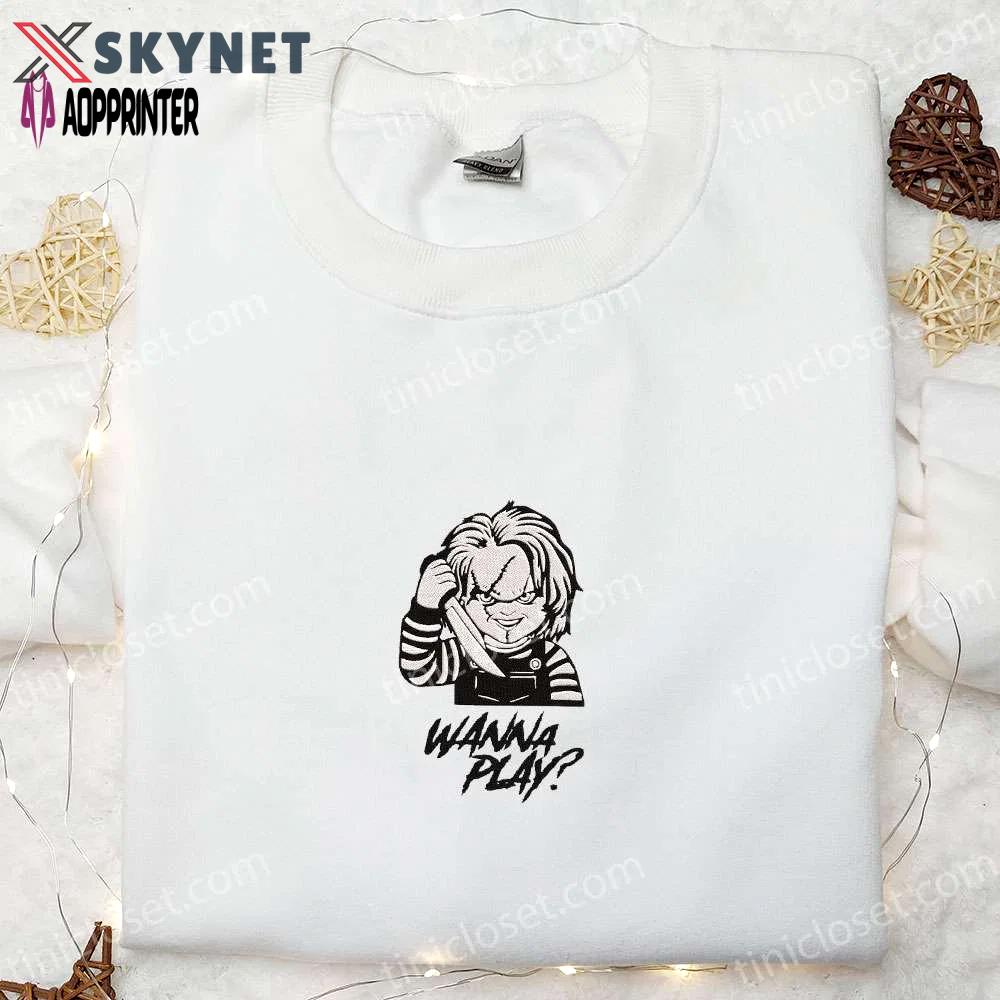Wanna play chucky embroidered shirt: scary halloween gift for family Embroidered Shirt